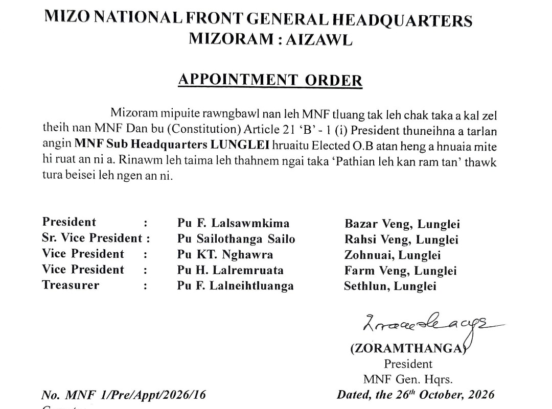 MNF Sub Hqrs Lunglei hruaitu Elected O.B ruat thar